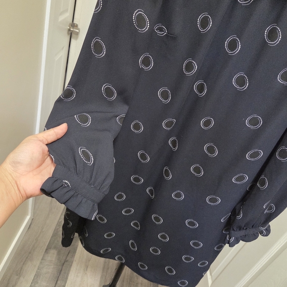 Hobbs Black Dotted Dress | Elegant Shift Midi | Ruffle Sleeve - Picture 3 of 8